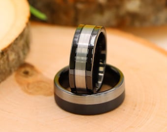 Mens Black Ring, 8mm Tungsten Wedding Band Men Black, Shiny Matte Silver Tungsten Ring For Men, Tungsten Promise Ring, Gunmetal Ring for Him