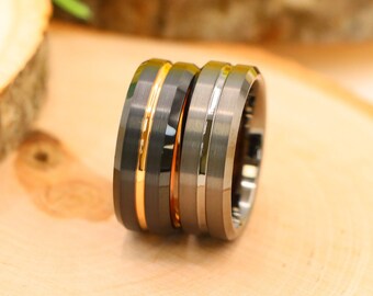 Black Tungsten Ring with Rose Gold Strip, Men's Ring, Mens Wedding Band, Men's Grey Tungsten Ring, Tungsten Ring, Gunmetal Engagement Rings