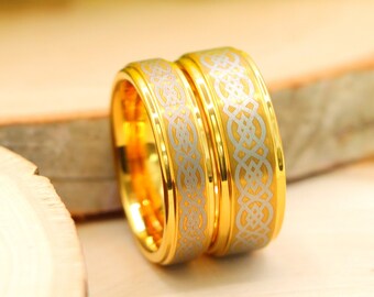 Laser Etched Celtic Knot Tungsten Ring, Men's Gold Wedding Band, High Polished Stepped Edges, Brushed Finish, Engagement Ring, Gift for Him