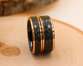 Hammered, Black Tungsten Rings, Tungsten Engagement Band, Brushed Band, 6mm/8mm Rose Gold Tungsten Ring, Matching Ring, Free Laser Engraving