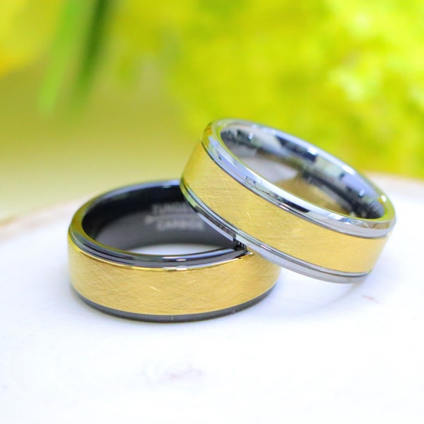 Men's Gold and Silver Wedding Ring, Wire Brushed Wedding Ring, Men Modern Ring, Engagement Ring, Mens Anniversary Ring, Black Tungsten Ring,