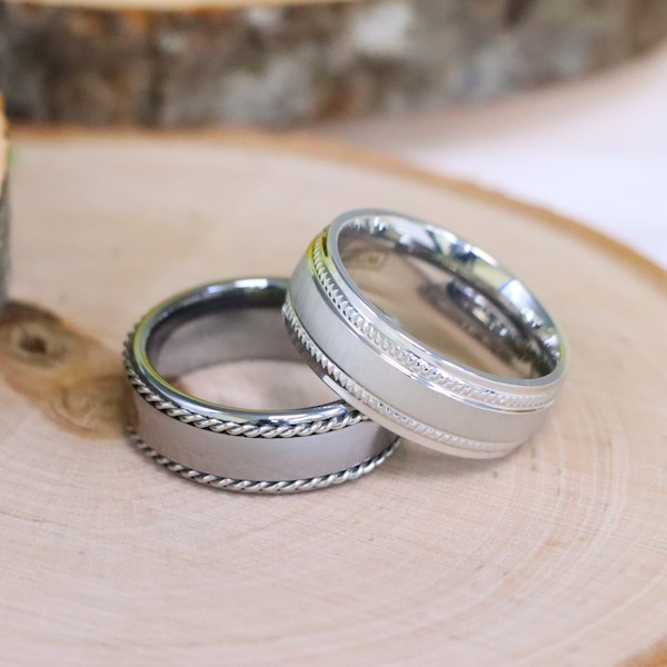 Silver Titanium Wedding Band, Mens Wedding Ring Titanium Ring, Milgrain Wedding Band, Husband Anniversary Ring, Double Braided Tungsten Ring