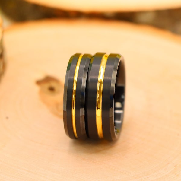 Matching Wedding Band, Birthday Gift, Yellow Gold 8mm Wedding Ring, Gold Groove, Engagement Ring for Couple, Black Tungsten Ring for Wedding