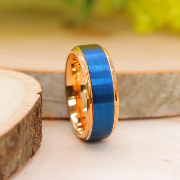 His and Her Tungsten Wedding Band Set, 8mm 6mm Tungsten Ring, Rose Gold & Blue Two-tone Stepped Edge Ring, Custom Engraved Personalized Ring