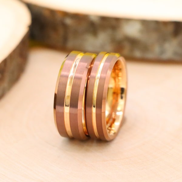 His and Hers Coffee & Rose Gold Tungsten Rings Rose Gold Engagement Ring Brown Brushed Finish Center, Promise Rings For Couple Wedding Band