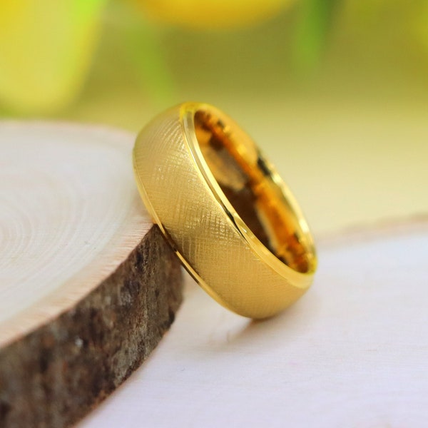 Mens Gold Textured Wedding Band Gold Tungsten Ring for Him Unique Wedding Ring Florentine Engagement Ring Engraved Men Ring Anniversary Gift