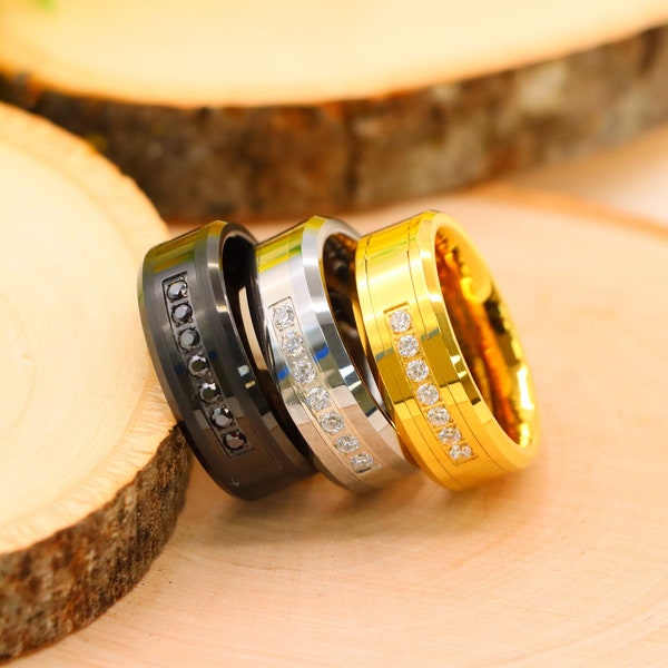 Unique Tungsten Ring, Diamond Wedding Ring, Gold Tungsten Anniversary Ring, Mens Wedding Band Black Tungsten with Black Diamond Wedding Band