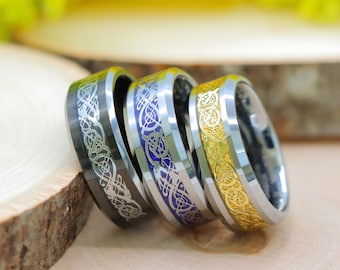 Celtic Dragon Ring, Black Tungsten Wedding Band, 8mm Wide Celtic Jewelry, Dragon Ring, Engagement Ring, Anniversary Gift, Christmas Gift
