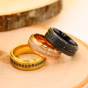 Comfort Fit Ring, 8mm Black Tungsten Ring, Black Diamond Mens Band, Eternity Black Titanium Engagement Ring, Grooms Wedding Ring, Women Ring