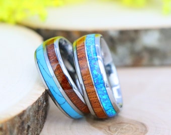 Hawaiian Koa & Blue Turquoise Inlay Rings, Fire Blue Opal Wedding Ring,Anniversary Ring for Men,Wedding Band,Koa Wood Tungsten Wedding Rings