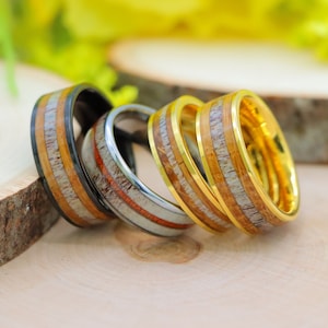 Men&#39;s Deer Antler & Oak Wood Inlay Unique Ring, Wood Inlay Promise Ring For Him, Engagement Ring for Couple Silver Tungsten Ring, Black Band