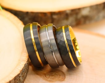 Faceted Black Rings, Brushed Yellow Gold Wedding Band, Gunmetal Engagement Ring, Gold Tungsten Ring, Comfort Fit Mens Ring, Yellow Gold Band