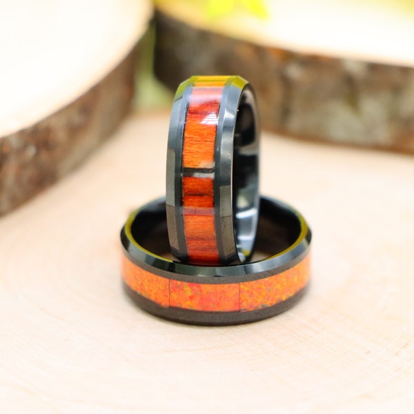 Opal Engagement Ring Opal Tungsten Wedding Ring Anniversary Ring Black Tungsten Ring Tungsten Wood Ring Hawaiian Koa Wood Men's Wedding Band