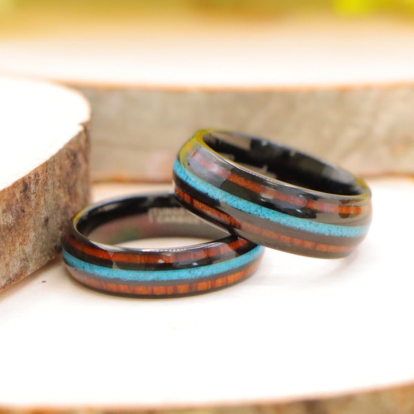 Men’s Wedding Band with Crushed Opal and Wood, Wood Wedding Band for Men, Men's Ring, Women's Ring Mens Turquoise Ring, Mens Engagement Ring