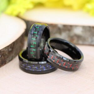 Black Mens Tungsten Blue Carbon Fiber Inlay Anniversary Ring, Green & Black Carbon Fiber Inlay Wedding Ring, Men&#39;s Tungsten Engagement Ring