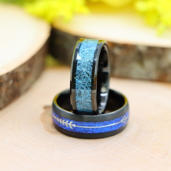 Blue Silk Thread Inlay Wedding Band, Black IP Plated Tungsten Wedding Ring, Mens Meteorite Ring, Unisex Engagement Ring, Gift for Boyfriend