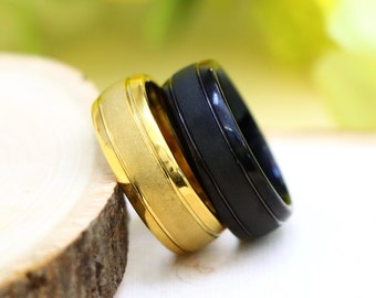 Yellow Gold Tungsten Ring, Sandstone Finish Center Black IP Tungsten Band, Engraved Wedding Ring for Him, 8mm Black Ring Unisex Wedding Band