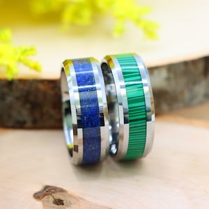 Lapis Lazuli Inlay Men&#39;s Tungsten Wedding Ring, Beveled Edge Personalize Laser Engrave Anniversary Tungsten Ring, Faux Inlay Engagement Ring