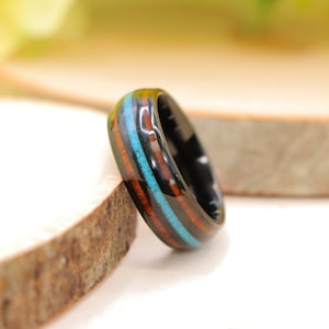 Turquoise Wood Inlay Wedding Band, Unique Men Women Ring, Tungsten Black Koa Wood Turquoise Couple Wedding Ring, Double Wood Engagement Band
