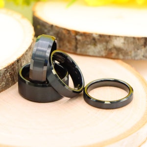 His and Hers Rings, Wedding Tungsten Bands, Black Brushed Beveled Edges Ring, Custom Laser Engraved Tungsten Anniversary Ring, Couple Rings