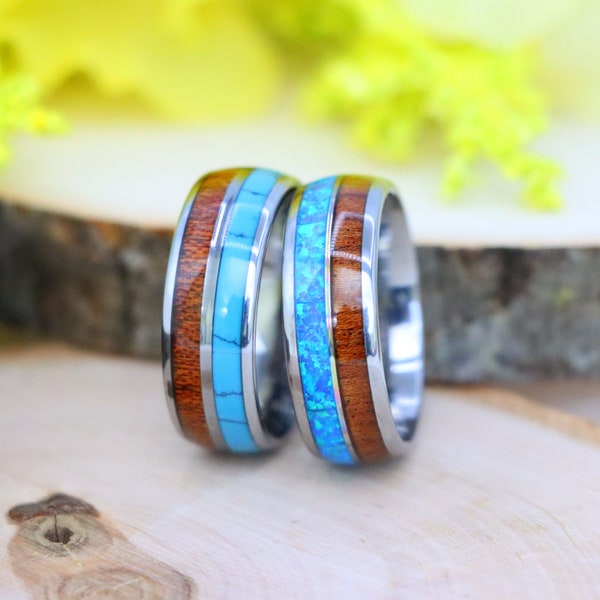 Men and Women Turquoise & Koa Wood Wedding Band Ring, Tungsten Wedding Ring, Opal Wedding Ring, Koa Wood Tungsten Ring, Anniversary Ring Men