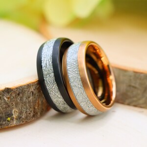 Mens Meteorite Wedding Ring, Rose Gold Tungsten Band, Black Meteorite Inlay Engagement Ring, Unique 8mm Anniversary Band For Him, Groom Gift