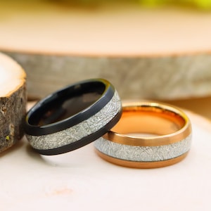 Meteorite Ring, Mens Meteorite Wedding Band, Rose Gold Tungsten Imitated Meteorite Inlay Wedding Band, Black Unique His 8mm Anniversary Band