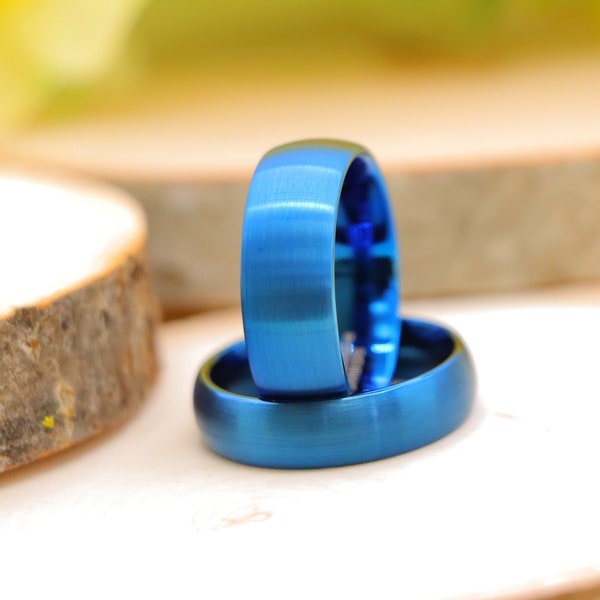 Blue Tungsten Ring, Tungsten Engagement Ring, Couple Anniversary Ring, Men & Women Engagement Ring, Brushed Blue Wedding Ring, Matching Ring