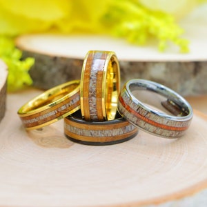 Antler Wood Ring, Wooden Ring for Men, Antler wedding Ring, Wood Wedding Band, Hawaiian Koa Wood, 8mm Ring, Whiskey Barrel Deer Antler Rings