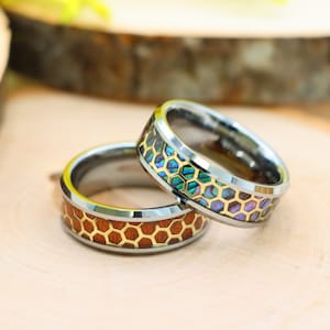 Honeycomb Silver Beveled Edge Wedding Band, Wood Inlay Tungsten Engagement Ring, Gold Honeycomb Ring, Abalone Wedding Ring, Wooden Mans Ring