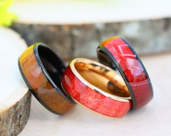 Red Burgundy Color Dyed Wood Inlay Black Tungsten Ring, Mens Wedding Band Wood, Burl Wood Wedding Ring, Red Wood Wedding Ring for Men Women