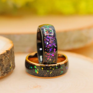 Domed Black Tungsten Purple Opal & Abalone Fragment Inlay Men&#39;s Unique Wedding Ring, Promise Engagement 8mm Band, Rose Gold Tungsten Rings