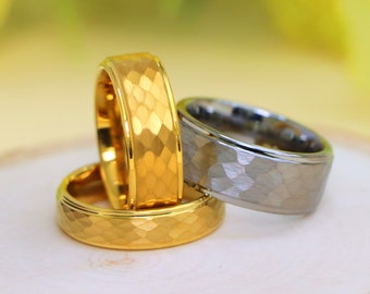 6mm-8mm Tungsten Wedding Ring, Hammered Gold Tungsten Engagement Ring, Couples Rings, Men's Wedding Bands, Gold Wedding Band, Hammered Ring