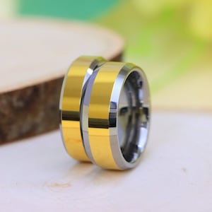 Gold & Silver Tungsten Ring Set, Custom Couple Rings, His and Hers Polished Tungsten Wedding Bands, Personalized Promise Ring, Christmas