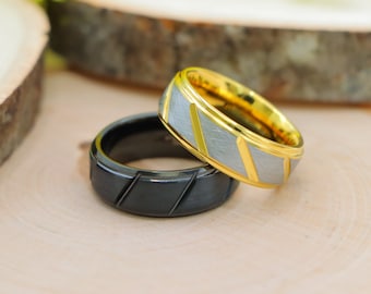 Yellow Gold Tungsten Wedding Ring, Two Tone Mens Band, Diagonal Pattern Black Tungsten Ring, Mens Tungsten Wedding Band, Black Tungsten Band