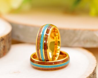 Mens Turquoise Ring, Gold Wedding Band, Rose Wood Wedding Band, Wooden Ring, Unique Turquoise Ring, Guys Engagement Ring Couple Promise Ring