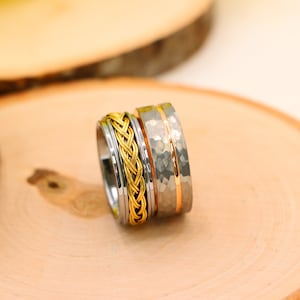 Men’s Silver and Rose Gold Hammered Tungsten Carbide Wedding Band ...