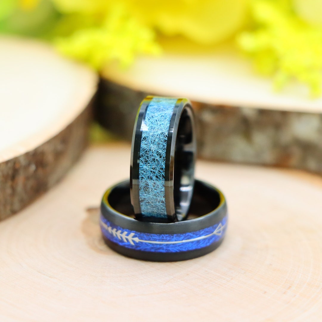 Blue Silk Thread Inlay Wedding Band, Black IP Plated Tungsten Wedding ...
