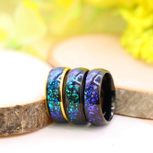 Gold Tungsten Engagement Ring With Black Tungsten Blue Opal And Abalone Inlay, Men’s Unique Wedding Band, 8mm Opal Ring, Anniversary Gift