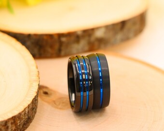 Men's Black Tungsten Ring With Blue Wood Inlay, Engagement Ring, Anniversary Gift, Promise Ring, Gift For Husband, Mens Jewelry, Christmas