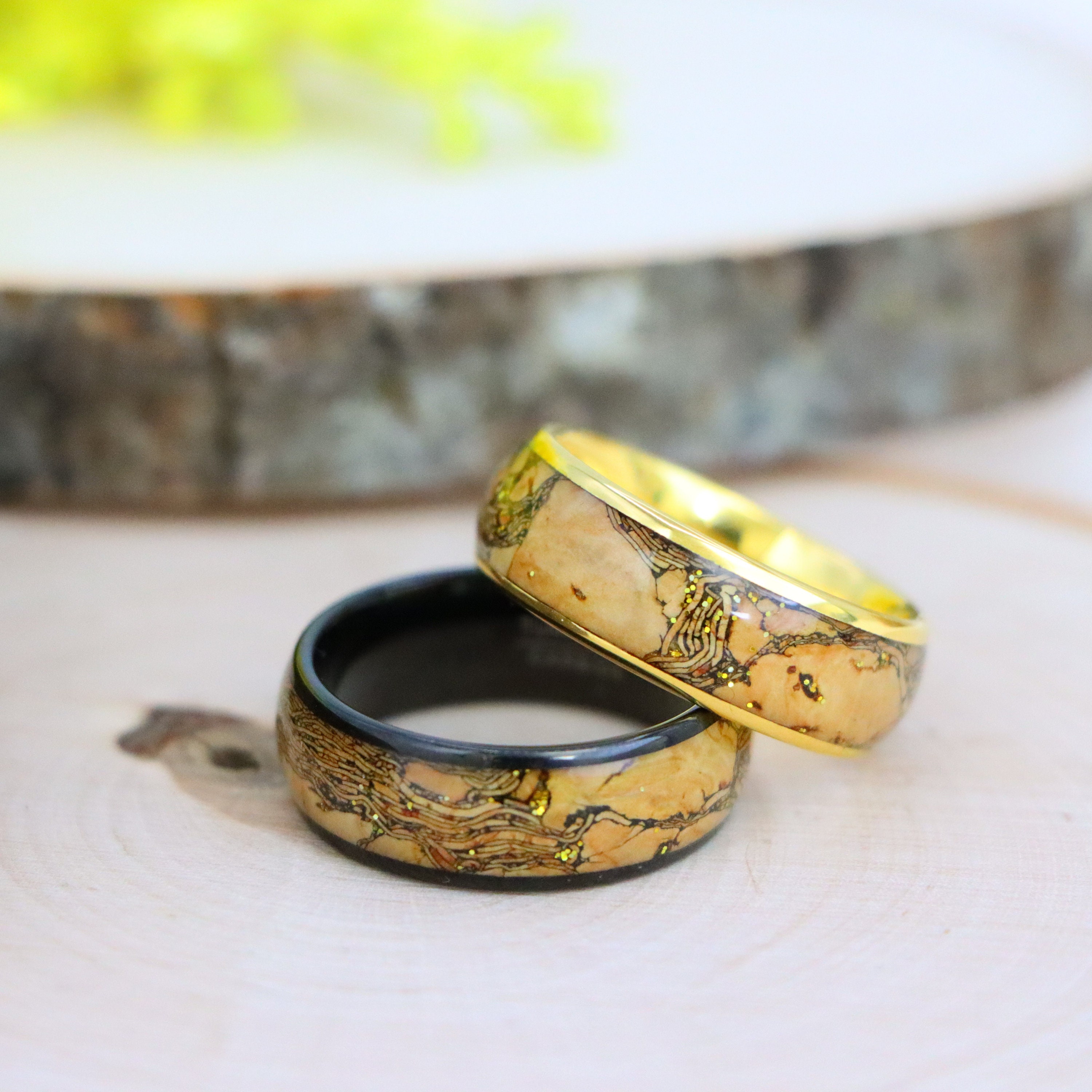 Tungsten Cork Inlay Ring, Yellow Gold Ring, 8mm Men Women Wedding Bands ...