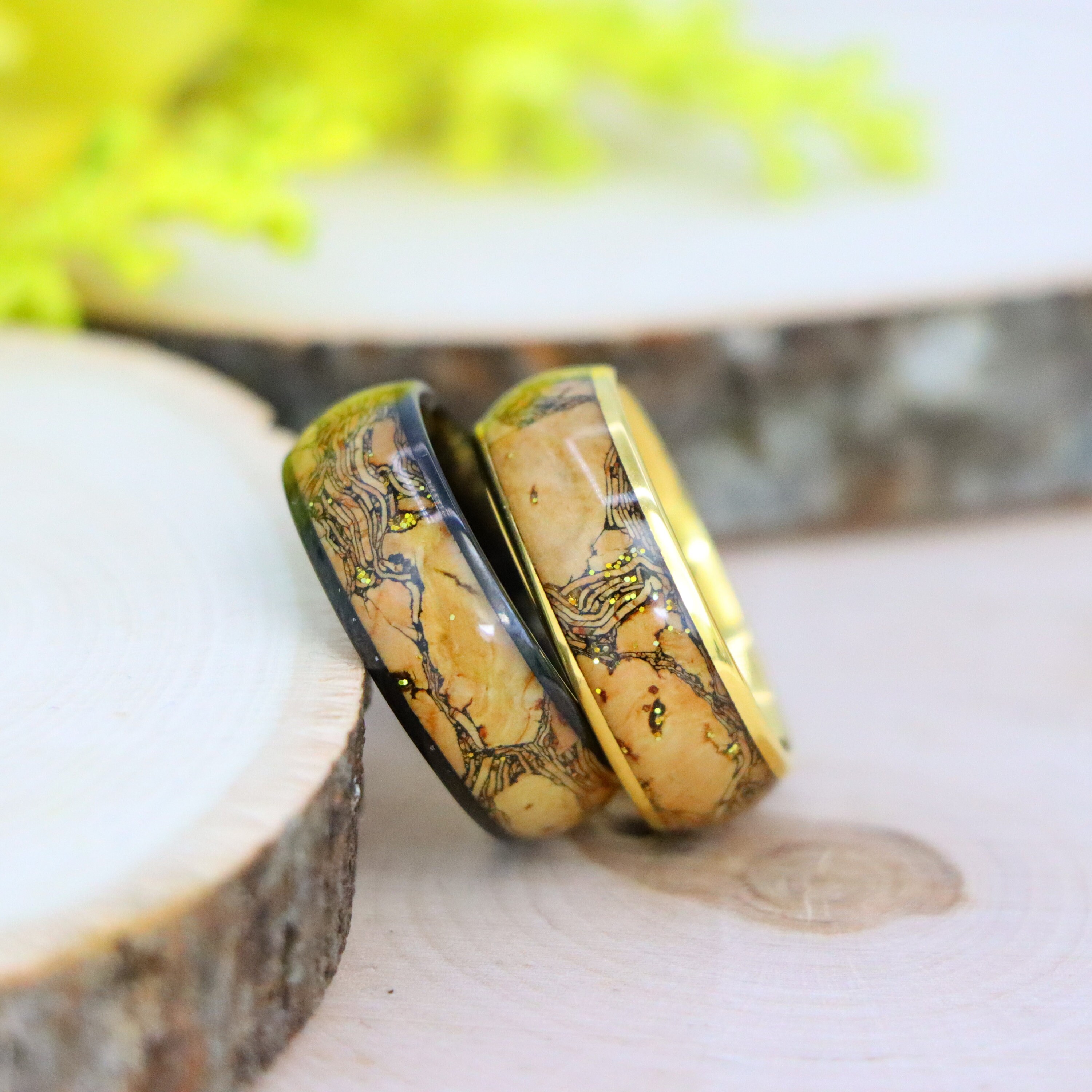 Tungsten Cork Inlay Ring, Yellow Gold Ring, 8mm Men Women Wedding Bands ...