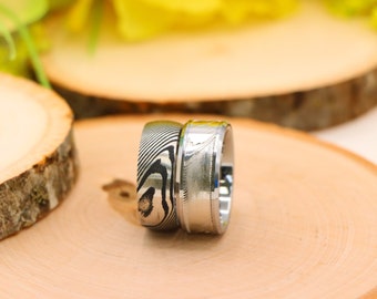 Damascus Steel Wedding Band, Meteorite And Gold Inlay Ring, Mens Wedding Ring, Mens Jewelry, Anniversary Gift, Groomsmen Gift, Christmas