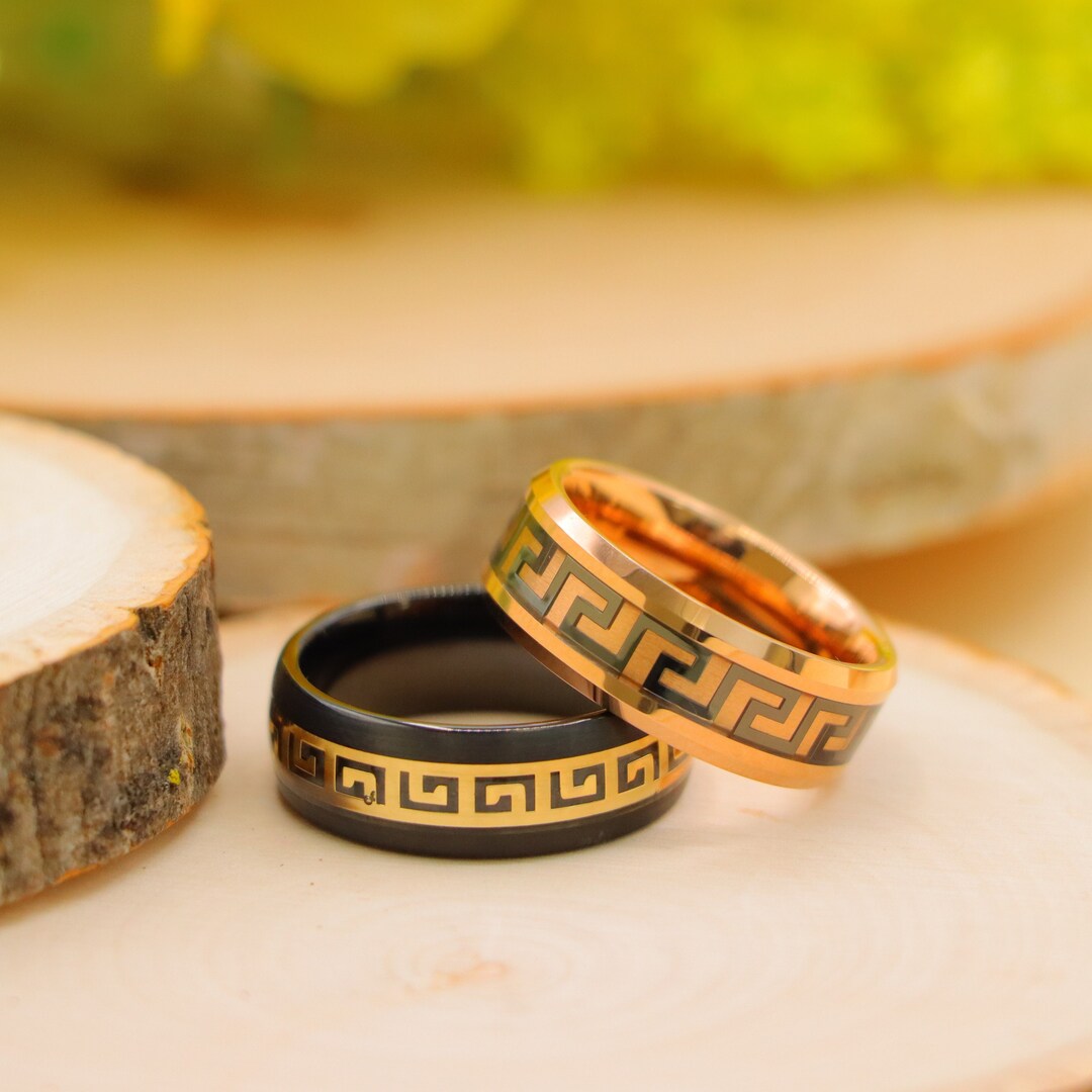 Greek Key Inlay Tungsten Ring, Black Brushed Ring, Rose Gold Ring, Mens ...