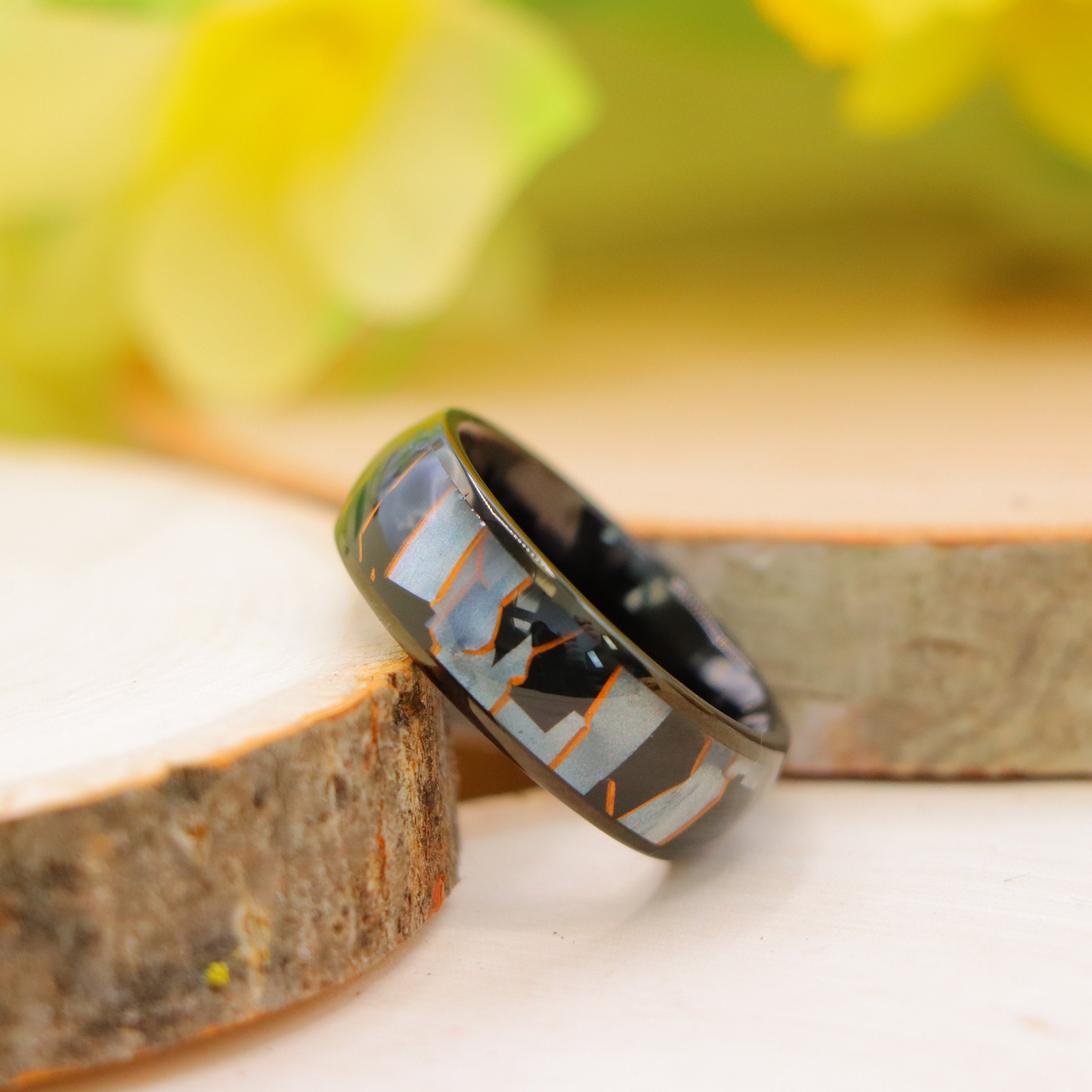 Black Tungsten Wedding Band With Capiz Resin Inlay, Unique