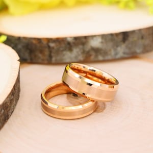 Sparkling Rose Gold Tungsten Ring With Brushed Inlay, Men&#39;s Wedding Band, Women&#39;s Engagement Ring, Custom Promise Ring, Gift For Him Or Her