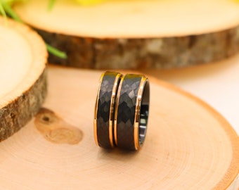 Black Rose Gold Hammered Engagement Ring, Hammered Wedding Band, Matte Finish Ring, Stacking Ring, Bridal Jewelry, Gift For Her, Christmas