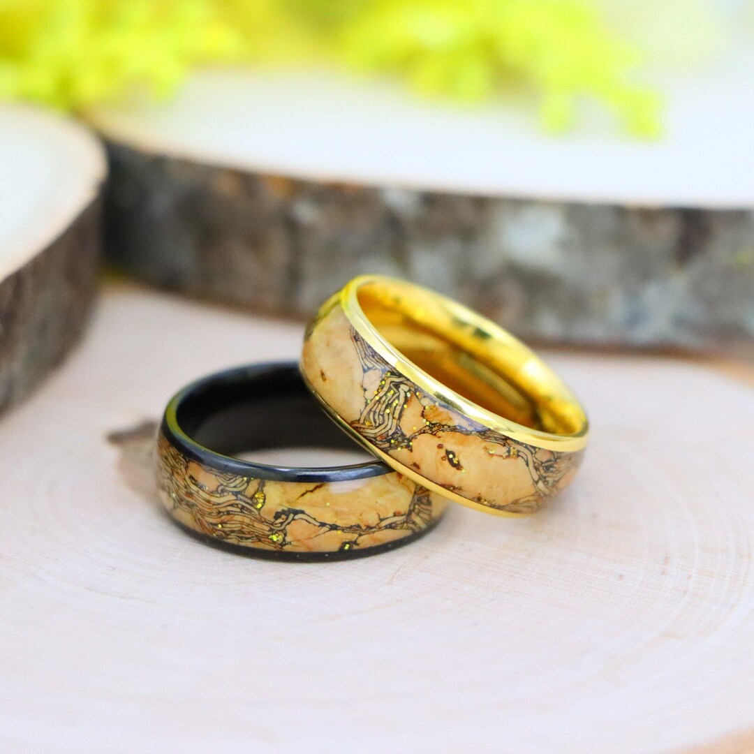 Cork & Gold Glitter Inlay Engagement Ring – Yellow Gold Tungsten ...