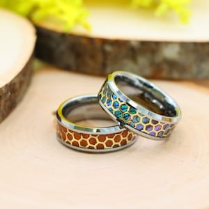 Men&#39;s Honeycomb Abalone Inlay Ring, Unique 8mm Tungsten Wedding Band for Men, Men&#39;s Wedding Ring, Abalone Ring, Anniversary Gift for Her