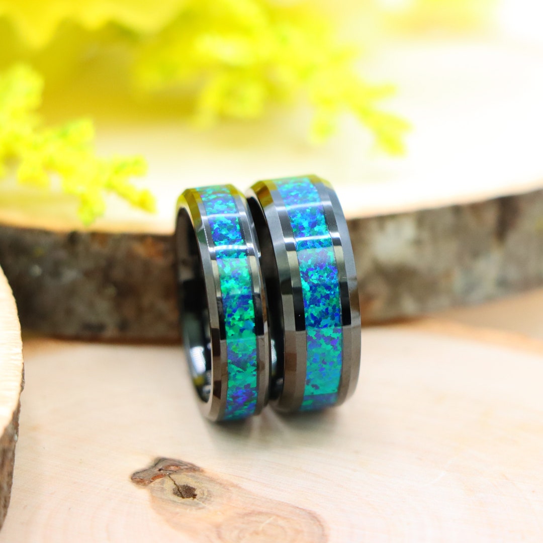 Blue Opal Tungsten Ring, Emerald Tungsten Carbide Wedding Band ...